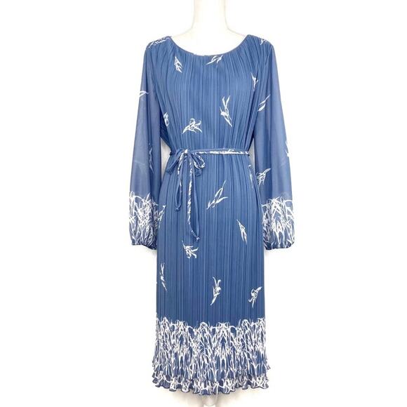 Vintage 70s Womens Micro Pleated Dress Blue White Feather Generous Fit - Picture 1 of 7